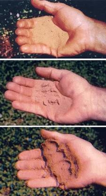 Three images stacked in a collage of a hand with sand. The top image has dry sand, the middle hand holds sand mixed with a little water and the bottom hand holds sand mixed with more water.