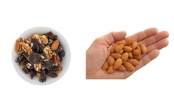 Trail mix and handful of almonds symbolizing a portion.