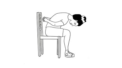 An illustration of one person sitting on a chair, hands clasped behind their backs and leaning forward. 
