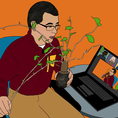 Illustration of 4-H educator presenting online learning about plants