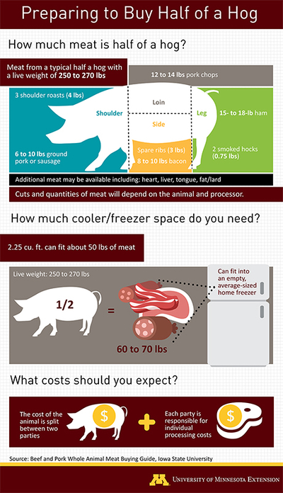 Infographic of how to buy a half of a hog. The details of the text on this graphic are in the text box with the image. Details are also in the description of the PDF.