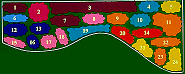 Map of sample butterfly garden with color and number-coded plots for various host plants