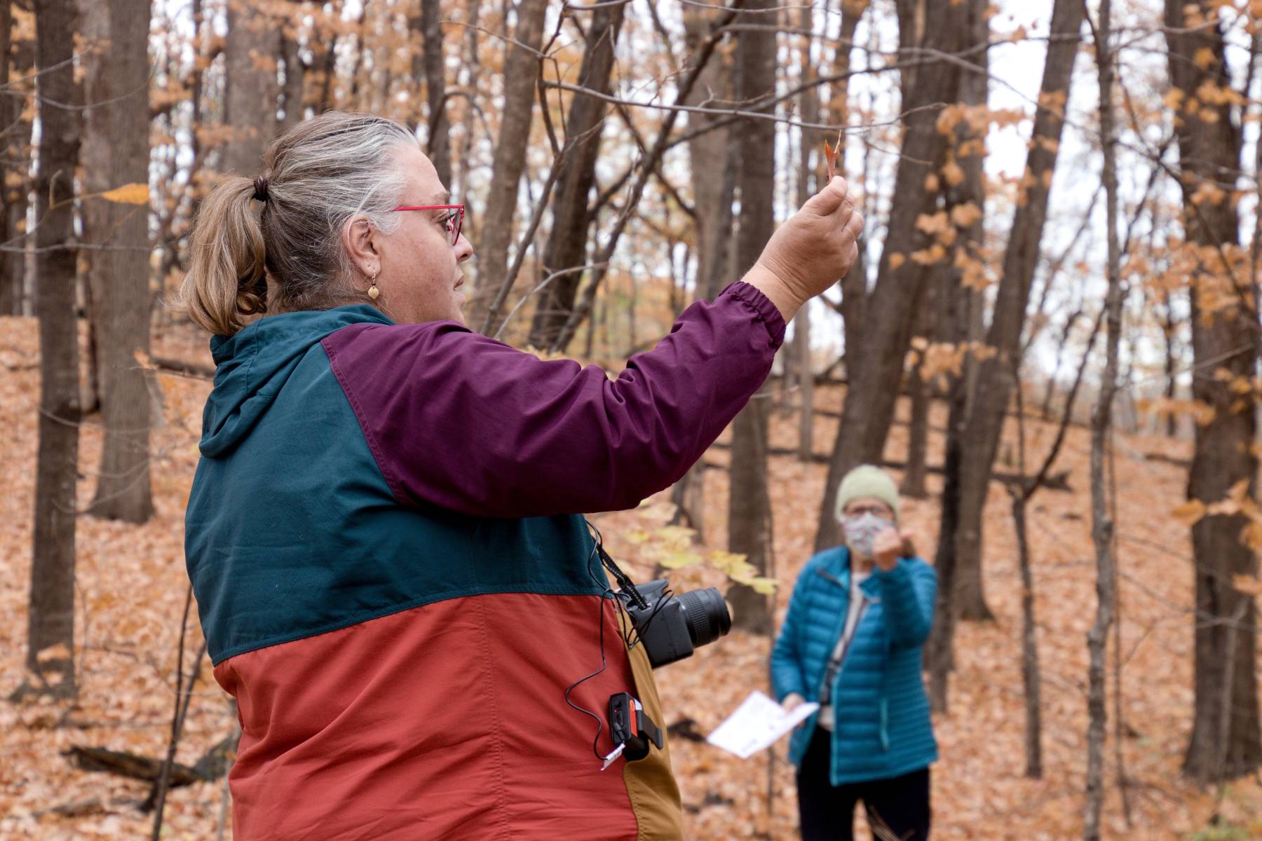 Amy Rager teaching about trees in a fall woods.