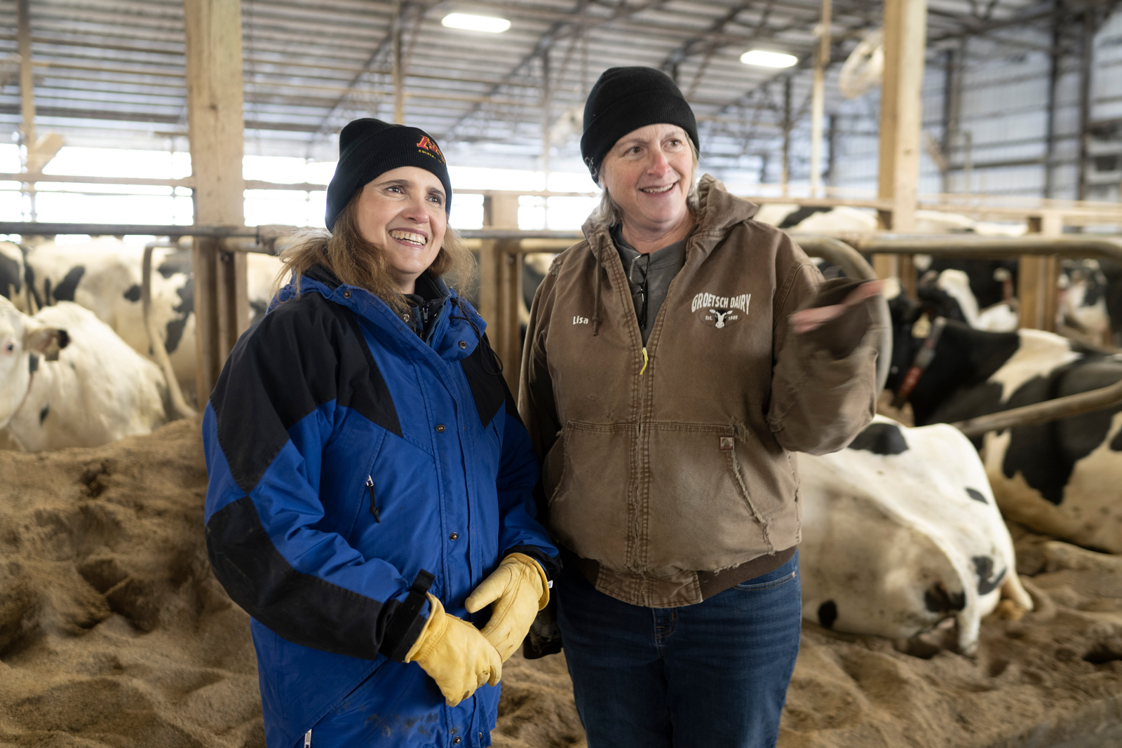 Women in front of cows inside large barn