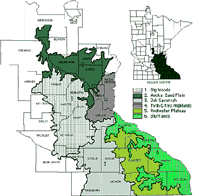 Map of southeast Minnesota shaded to show ecological regions