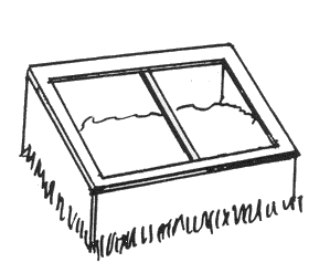 Black and white drawing of cold frame in a garden