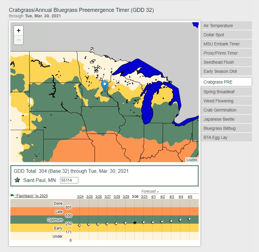 A screenshot taken March 31, 2021, of the map generated by the GDD tracker from Michigan State University. Green areas show where crabgrass pre-emergent should be applied with the orange areas showing where it is too late to apply the herbicide.