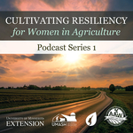 A square icon with text "Cultivating resiliency for women in agriculture" stacked over "Podcast series 1" on a picture of a country road through a farm landscape. Logos for University of Minnesota Extension, UMASH, and American Agri-Women are lined up across the bottom of the square.