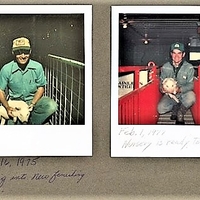 Two vintage Poloroid photos showing a man holding a pig. The photos are affixed to a page with handwriting that says "June 16, 1975, 1st pig into new finishing bldg.