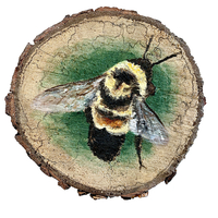 Oil on wood painting of rusty patched bumble bee.