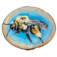 Oil on wood painting of thistle long-horned bee.