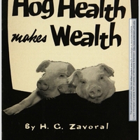 Publication cover reads Extension bulletin 119, REvised December 1954. Title is Hog Health Makes Wealth, by HC Zavoral from University of Minnesota Agricultural Extension Service, U.S. Department of Agriculture. Shows two pigs.