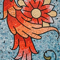 A mosaic of a red flower with a blue background.