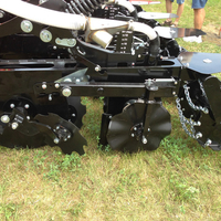 A black piece of tillage equipment with three rows of disks a unit to measure depth.