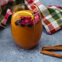 A cup of cider sitting on a gray counter with two cinnamon sticks next to it. In the cider is an orange slice and some berries.