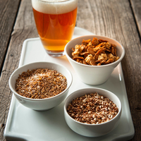 Glass of kernza beer and bowls of cereal flakes, cereal puffs and kernza grains.