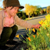 kid pointing at flowers.
