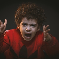 A child wearing a red sweatshirt holding his hands up and yelling