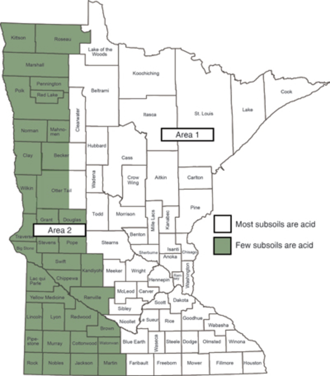 Map of Minnesota, western third is shaded green