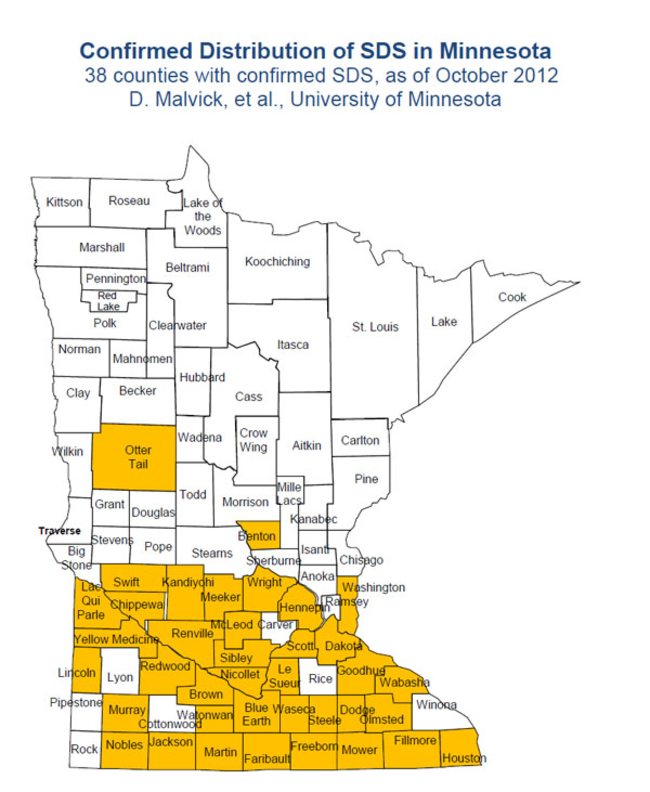 State of Minnesota map with counties identified, southern portion of state coded in yellow.