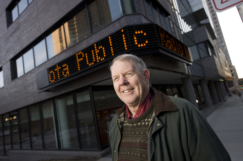 Mark Seeley in front of Minnesota Public Radio building