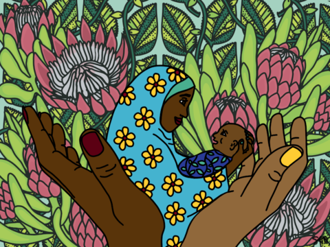 Colorful illustration of two hands embracing a Somali mother holding her child