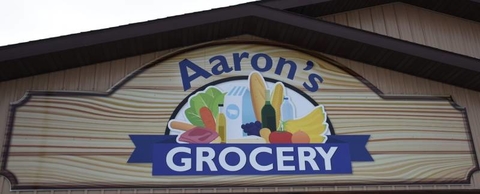 The sign welcoming shoppers to Aaron’s Grocery in Fertile, Minnesota. 