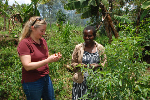 A Kenyan farmer and an Extension educator talking in a field.