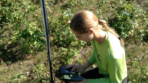 A woman checks scientific equipment in a field
