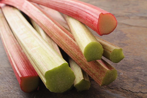 Harvested green and pink rhubarb stalks
