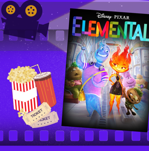 Elemental movie with movie tickets, popcorn, and pop