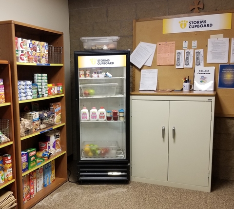 Bookcases full of food, a refrigerated case with milk and fruit, and a board and cabinet displaying a cookbook and information. A sign reads "Storm's Cupboard."