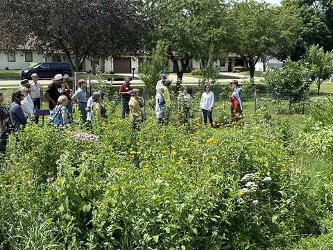 A prairie garden in the foreground with a group of people listening to a speaker.