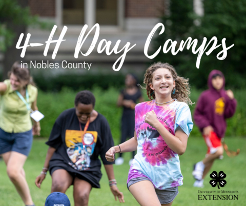 A group of youth running in a grassy area with text saying, "4-H day camps in Nobles County."