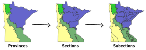 Three maps of Minnesota. The first is labled "Provinces," the second is "Sections," the third is "Subsections." Each shows progressively more detailed boundary lines within the state.