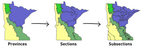 3 maps of Minnesota showing progressively more detailed ecosystem boundaries