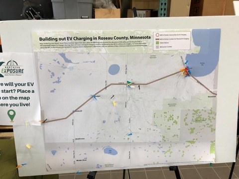 Building out EV charging in Roseau County, MN map.