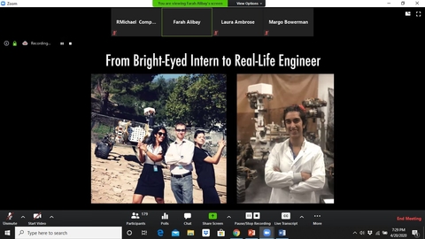 laptop screen showing NASA engineer in photo as an intern and as engineer, Caption reads "From Bright-Eyed Intern to Real-Life Engineer"