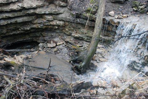 Worn rock ledge forming a sinkhole and cave entrance. The area is full of chipped rock, downed trees and water.
