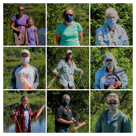 Tiled photos of nine individual volunteers outdoors wearing masks.