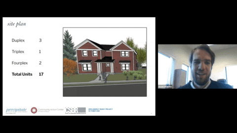 Presentation slide showing site plan: Duplex = 3, Triplex = 1, Fourplex = 2 for a total of 17 units. Picture of Scott Wopata who is giving the presentation.