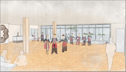 Design rendering Hmong Community Center of the inside gathering space.