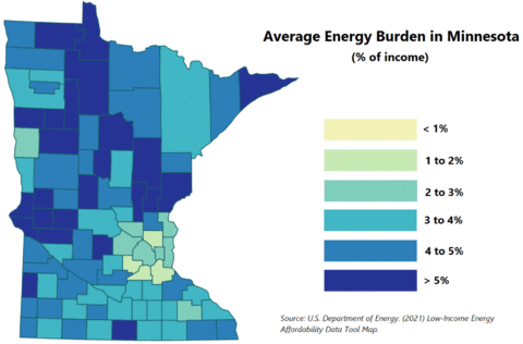Minnesota map showing each county and their average energy burden (% of income) from U.S. Department of Energy.