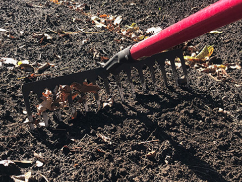 Close-up photo of a steel rake on bare soil.