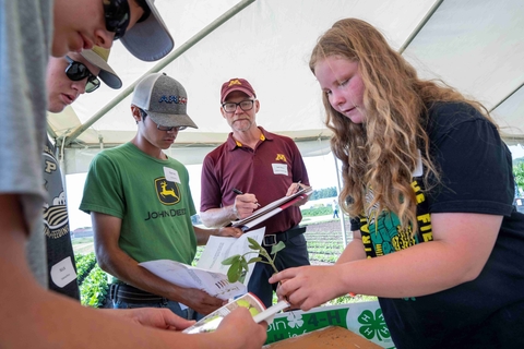 Four teen youth observe a soybean plant under the guidance of Seth, who wears the U of M maroon and gold.