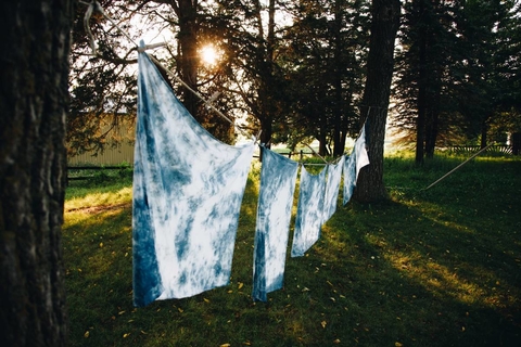 Blue and white cloth hanging on a clothesline.