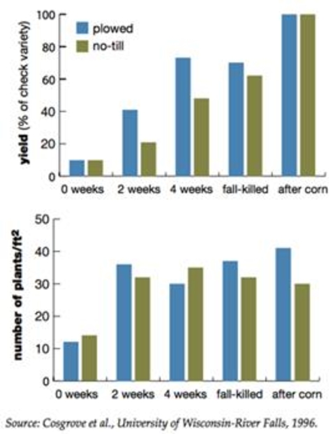 Two bar graphs sowing an increase in yield and number of plants per square foot over time and after different conditions.