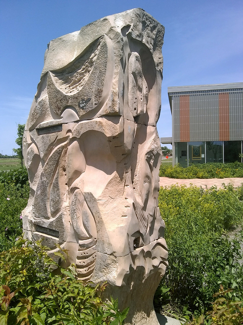 'Humming House' stone sculpture by Craig David outside of the University of Minnesota Bee Lab.