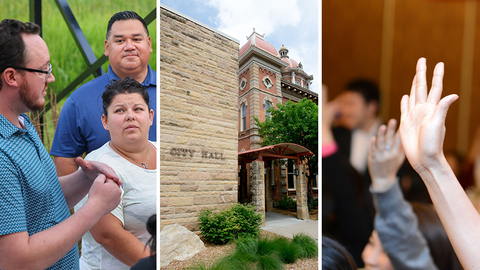 Collage of community members in civic engagement activities including attending an outdoor gathering, going to city hall, and raising hands to volunteer or vote.