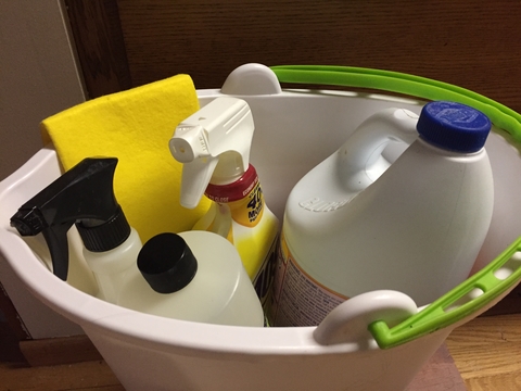 Bucket of a variety of cleaning supplies.